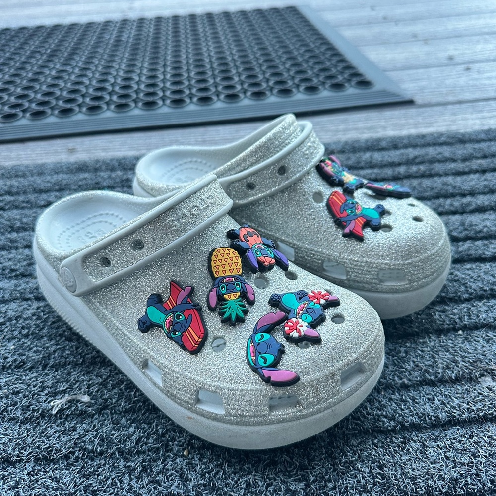 CROCS Kids Silver Glitter Slippers with Colorful Charms